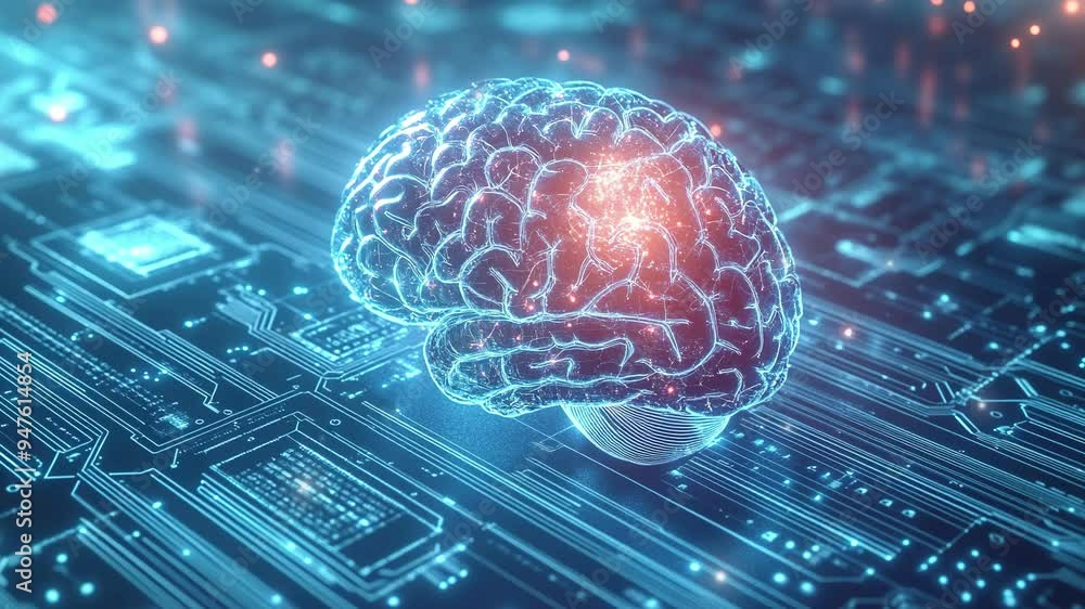 Poster hologram of the brain. brain and technology network. digital brain with glowing circuit patterns. fu