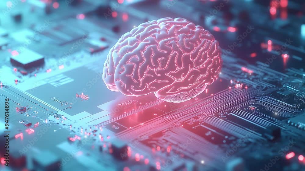 Poster hologram of the brain. brain and technology network. digital brain with glowing circuit patterns. fu