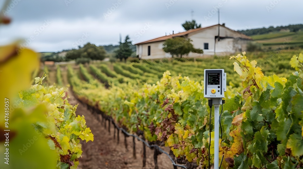 Aufkleber photograph of a smart weather station installed in the middle of a lush vineyard utilizing iot techn
