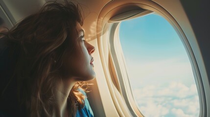 Portrait of woman looking outside the window sitting in airplane. copy space for text.