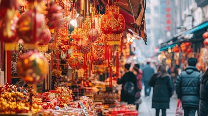 Vibrant Red Lanterns Hanging in a Chinese Market