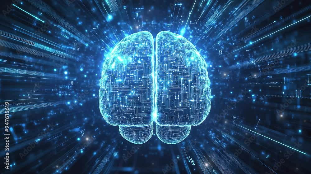 Poster hologram of the brain. brain and technology network. digital brain with glowing circuit patterns. fu