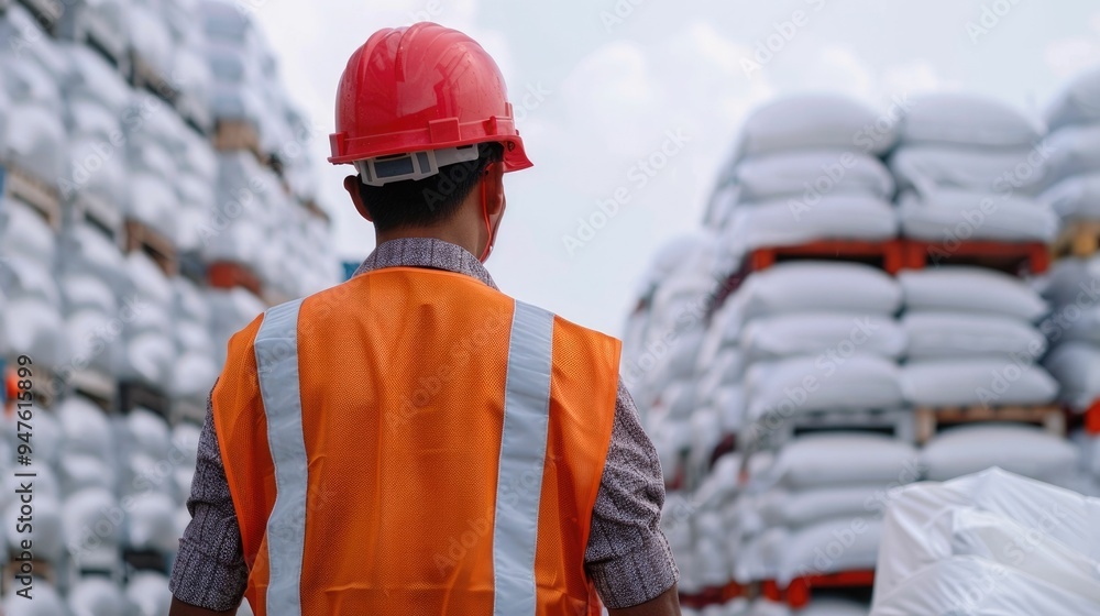 Poster experienced construction engineer supervising the loading and organization of cargo in a large indus
