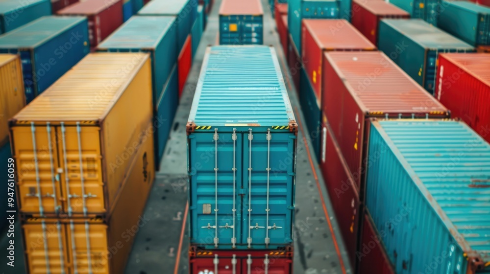 Poster aerial overhead view of a busy container terminal with stacked cargo boxes shipping containers crane