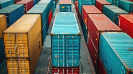 Fototapeta premium Aerial overhead view of a busy container terminal with stacked cargo boxes shipping containers cranes forklifts and various logistical equipment at a major port facility