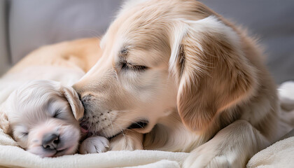 愛情いっぱいで子犬を育てるゴールデンレトリーバー、のママ