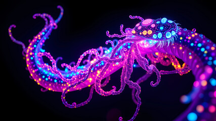 A dazzlingly shimmering sonic symbiote radiates bioluminescent hues, embodying a captivating blend of enchantment and vibrancy its luminescent tendrils pulsate with vivid colors, while its ethereal fo