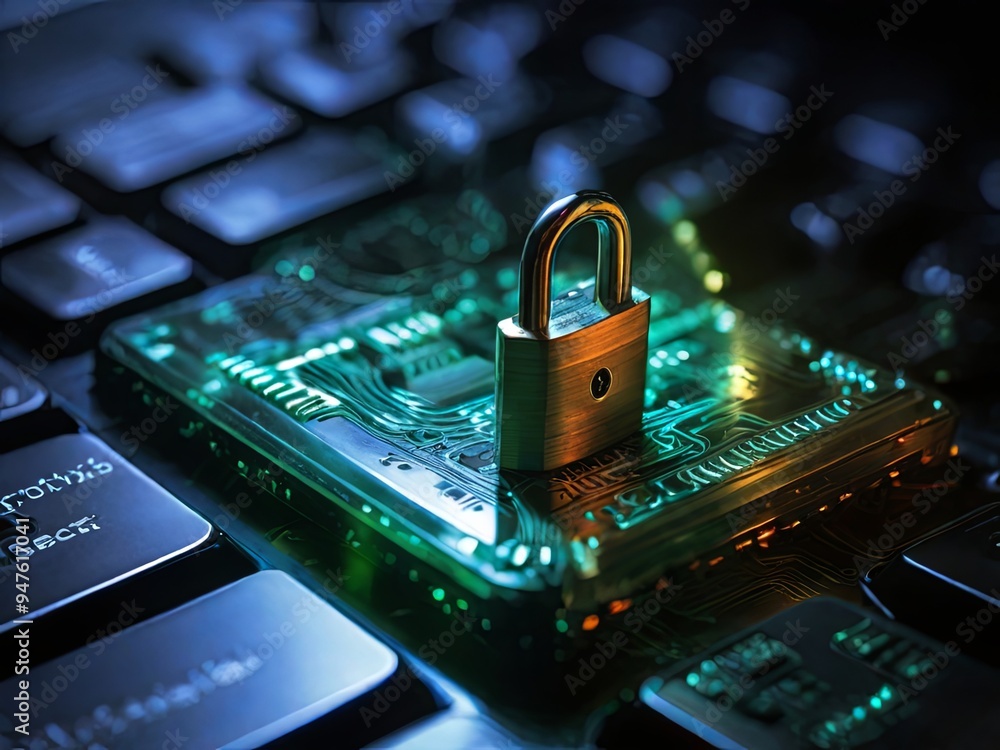 Poster a metallic padlock stands firmly on a glowing circuit board amidst a darkened computer keyboard, emp