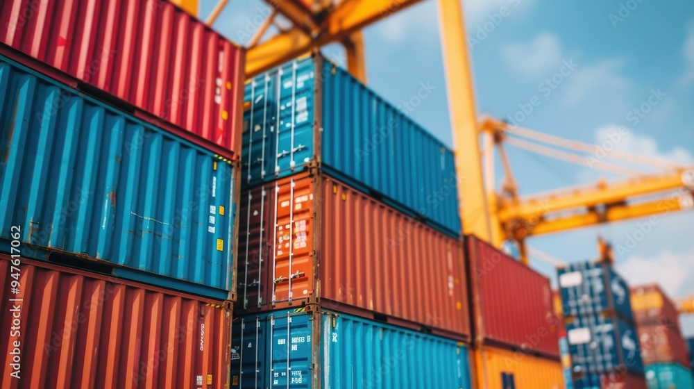Poster towering stacks of colorful shipping containers dominate the skyline with industrial cranes efficien