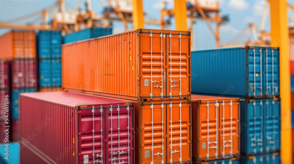 Poster aerial panoramic view of a bustling cargo port with stacks of colorful shipping containers and heavy