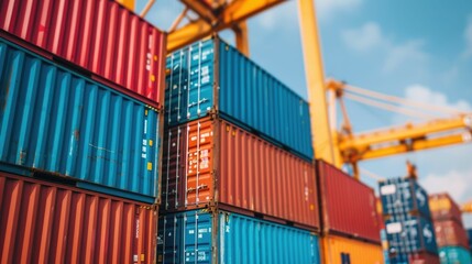 Fototapeta premium Towering stacks of colorful shipping containers dominate the skyline with industrial cranes efficiently loading and unloading cargo in a bustling shipping yard