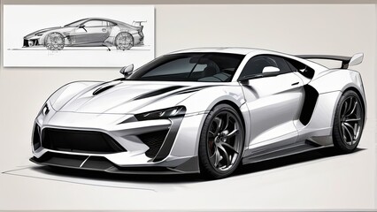 The striking sports car features a streamlined body with bold lines, complemented by an artistic design sketch beside it, highlighting its advanced engineering and aesthetics