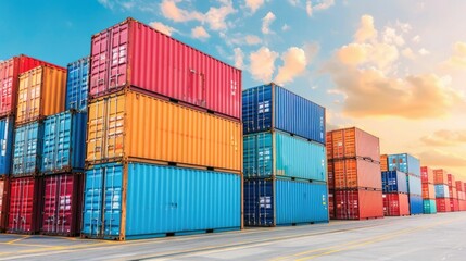 Aerial view of logistics management at a busy port with stacked shipping containers during a colorful sunset  The image showcases the intricacies of container storage loading