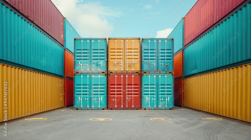 Poster aerial perspective of a port facility with rows of stacked colorful cargo containers arranged in a g