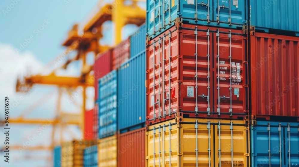 Poster aerial panoramic view of stacked shipping containers and loading cranes at a bustling international 