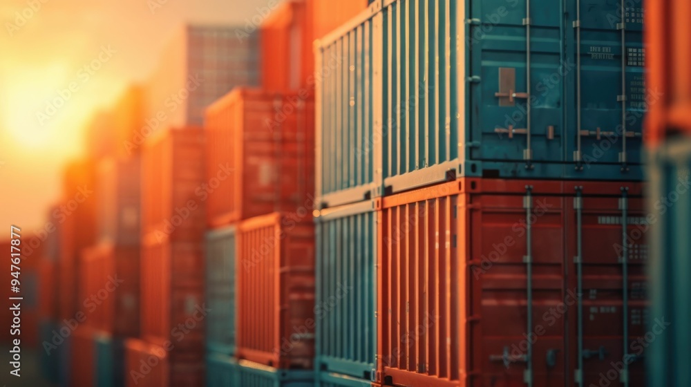 Poster sunset casts an orange glow over the efficient logistics management at a bustling port with rows of 