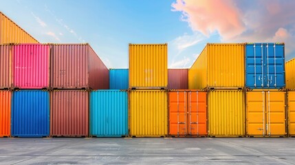 Fototapeta premium Colorful Stacked Shipping Containers with Cranes at Sunset Cargo Terminal Cargo logistics freight transportation international trade and distribution warehouse scene