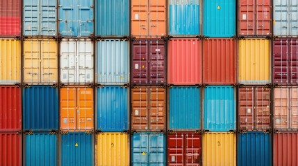 Fototapeta premium Colorful stacked shipping containers at a busy port logistics management facility showcasing the complex transportation and distribution systems that support global trade and commerce