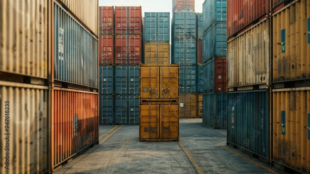 Poster cargo handling and logistics coordination in a deep depth of field industrial warehouse scene with s