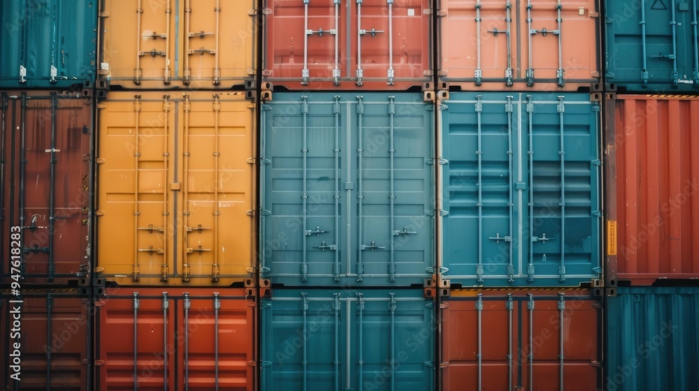 Poster cargo handling and logistics coordination with stacked freight containers in deep depth of field eff