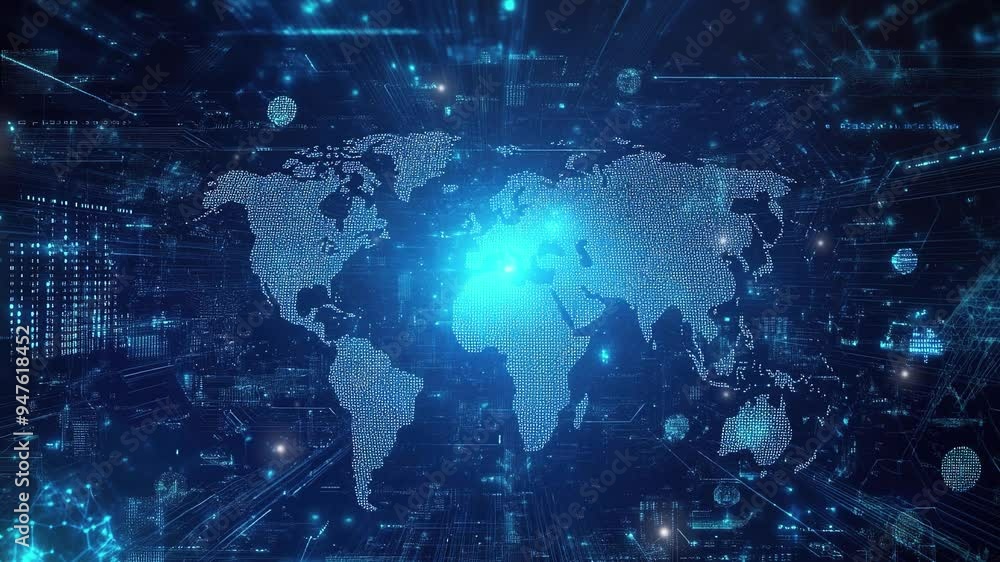 Poster abstract digital blue background with a glowing world map and futuristic tech elements. concept of t
