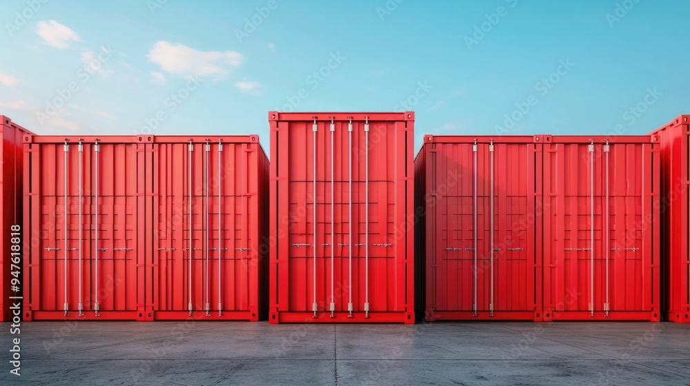 Poster red freight containers arranged in a strategic pattern by a logistics team showcasing their planning