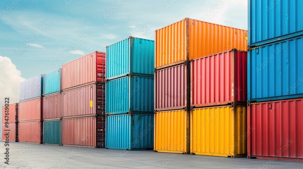 Poster aerial view of stacked cargo freight containers in various vibrant colors showcasing a logistics pla
