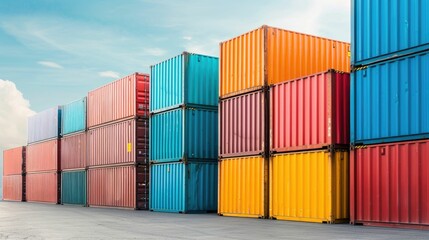 Aerial view of stacked cargo freight containers in various vibrant colors showcasing a logistics planning scene with a team collaborating to optimize the arrangement and organization of the shipment