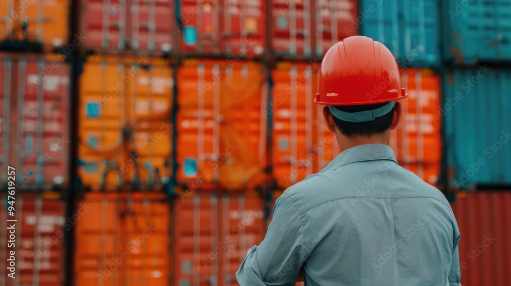 Poster engineer in hardhat examining cargo manifest at busy shipping terminal with stacked cargo containers