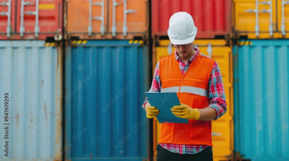 Poster engineer in orange safety vest and hard hat inspecting cargo manifest on digital tablet at busy tran