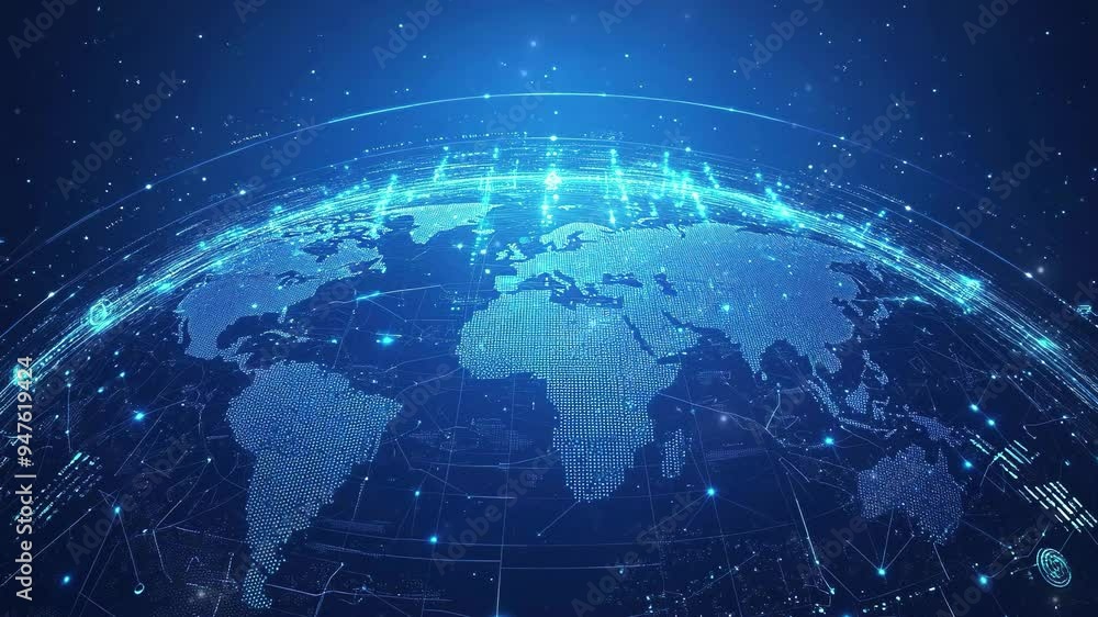 Poster abstract digital blue background with a glowing world map and futuristic tech elements. concept of t