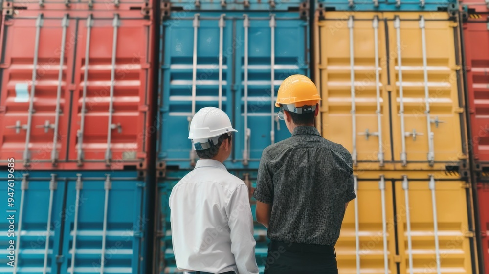 Poster two logistics professionals in uniform and hard hats inspecting intermodal cargo containers in a bus