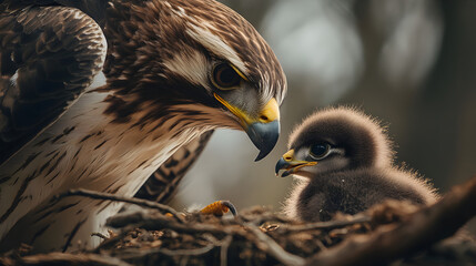 Obraz premium Fierce Falcon Feeding Its Chick in Nest
