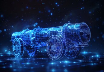 Wireframe Cannon with Glowing Blue Lights and Stars