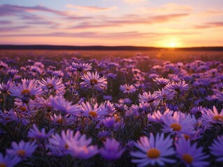 Fototapeta premium A field of purple wildflowers blooms in the golden light of a sunset.