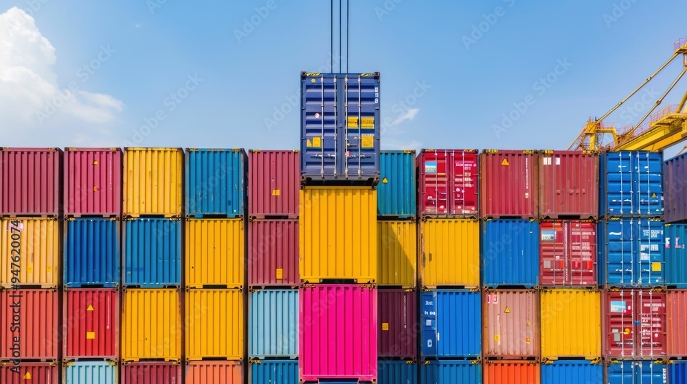 Poster aerial overview of a bustling container port facility with multicolored freight boxes stacked high a