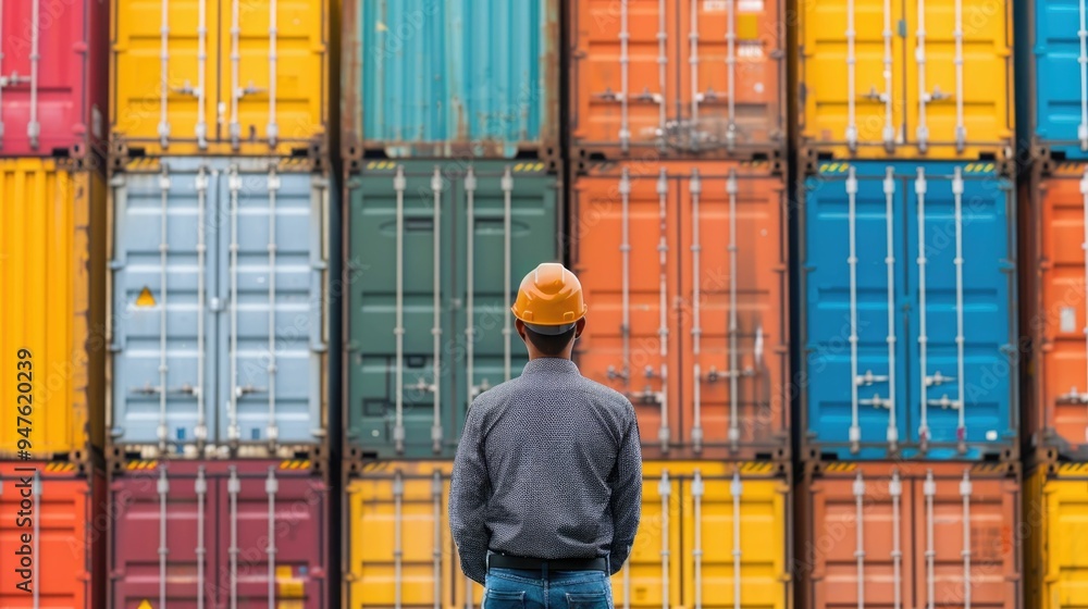 Poster logistics workers operating container loading equipment such as forklifts and cranes in a busy wareh