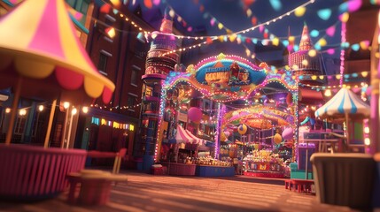 51. "A dynamic 3D scene of a vibrant street festival with live music, food stalls, and colorful decorations