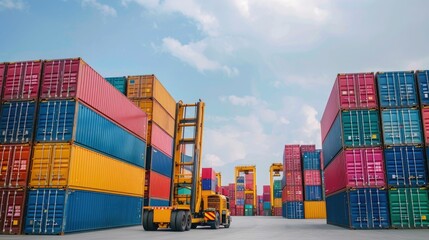 Fototapeta premium Container loading equipment such as cranes and forklifts operating in deep depth of field at a busy logistics port terminal
