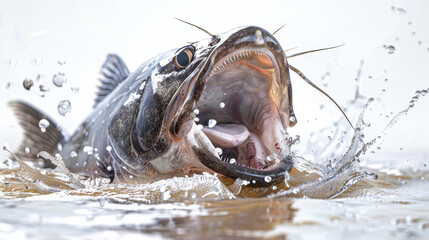 A startled catfish erupts from the water, mouth wide open, creating dynamic splashes in a striking moment of wild energy