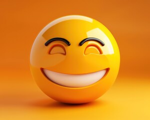 Happy yellow emoji with big smile and closed eyes, content, 3D design, vibrant.