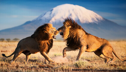 オスライオンの激しい縄張り争い～サバンナの日常の光景