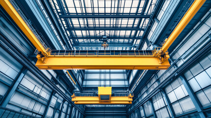 An overhead crane with a yellow lifting block is positioned beneath a spacious, modern hangar, emphasizing its industrial design and functionality