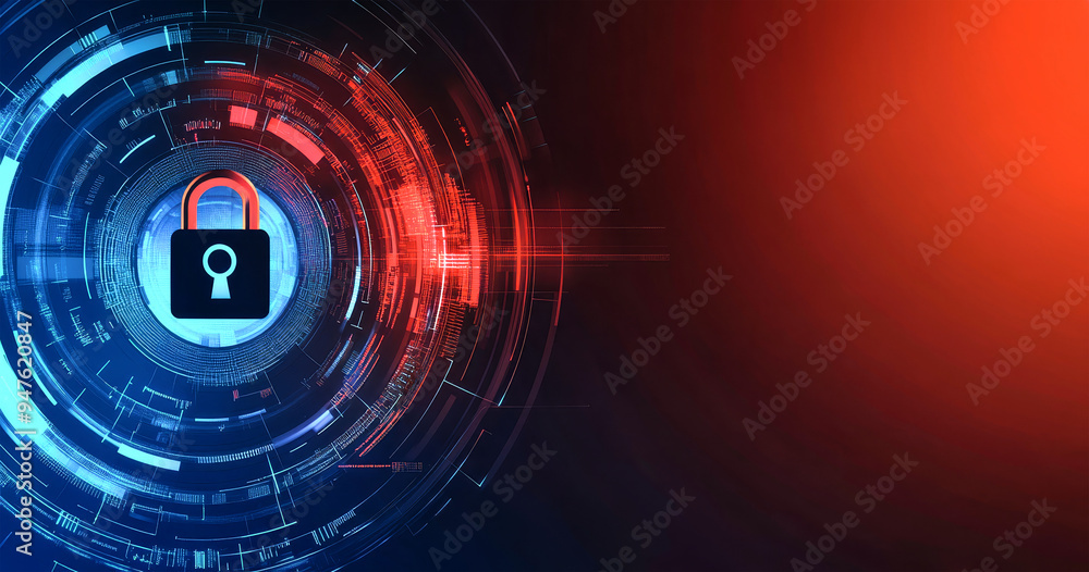 Poster a digital security background featuring a high-tech padlock within a glowing technological circle, p