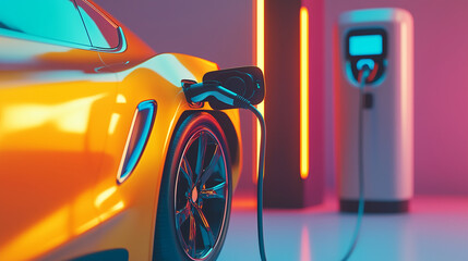 Stacja ładowania samochodu elektrycznego, gdzie zasilacz łączy się z akumulatorem pojazdu.