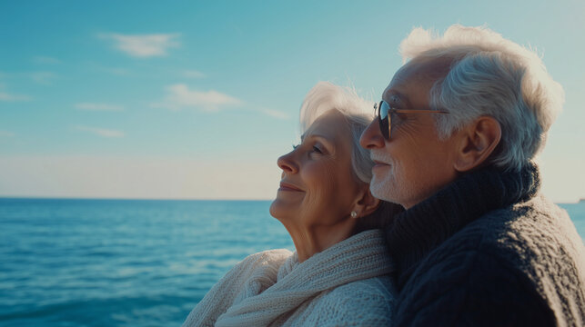 Starsza, zakochana para spędzająca romantyczne chwile nad brzegiem oceanu.