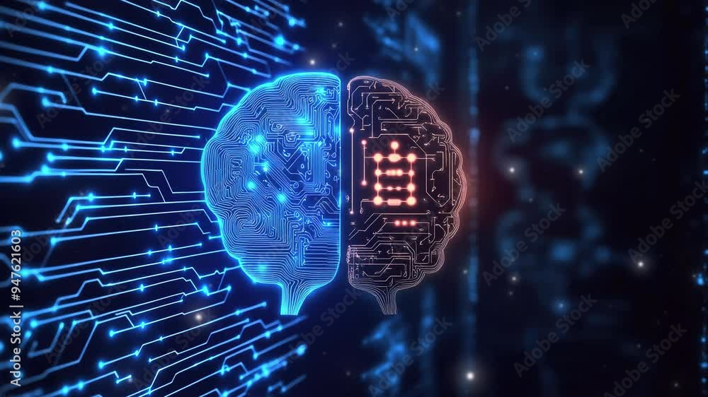 Poster hologram of the brain. brain and technology network. digital brain with glowing circuit patterns. fu
