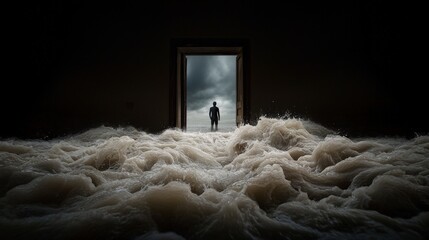 Silhouette of a person standing in a doorway with floodwater rushing in