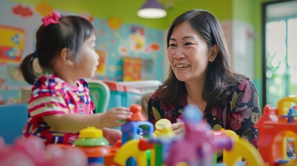 A Young Girl Playing with Toys While a Woman Watches