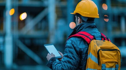 Professional engineer using handheld digital devices and equipment for tracking and analyzing the depth of field at an active construction site monitoring progress and surveying infrastructure